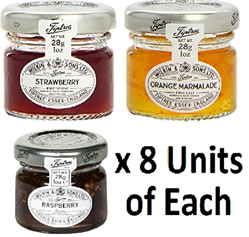 Mixed Pack - Wilkin & Sons of Tiptree Strawberry / Raspberry / Orange Marmalade Preserves - 8 x 28g Mini Jars of Each flavour - 24 unit Mixed Pack Cover