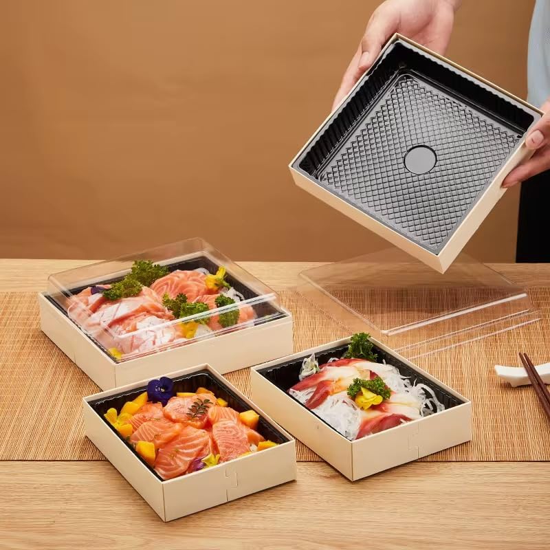 Wooden Bento Boxes with Anti-Fog Vista Lids & Black PET Leakproof Trays - 39oz Ultimate Aesthetic Charcuterie & Grazing Box Poplar Wood Disposable Containers for Adults, Meal Prep, Catering, Sushi - Image 8