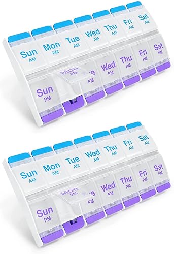 EZY DOSE Organizador de píldoras semanal AMPM (7 días), semanal 2 veces al día, compartimentos grandes para suplementos vitamínicos, apto para