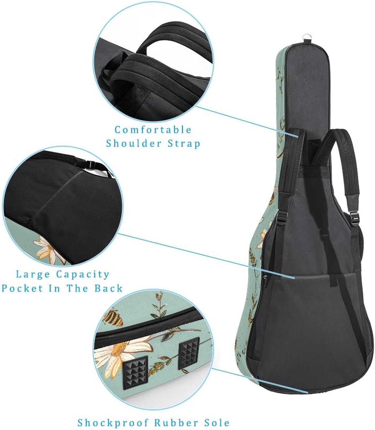 40 41 42 Inch Acoustic Guitar Bag, 0.4 In Thick Sponge Padded Guitar Case Gig Bag with Back Hanger Loop and 2 Pockets, Bees and Daisies on Green Background