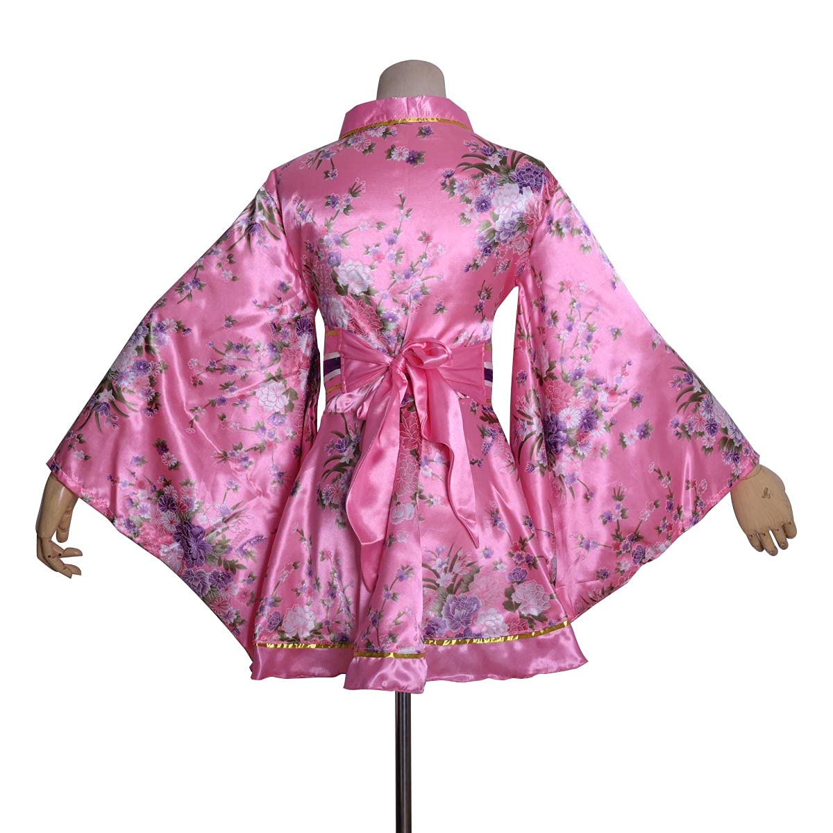 HUAHUA Women's Sexy Short Kimono Dress Floral Print Japanese Traditional Geisha Robe Bathrobe Skirt Belt Outfit: One Size D02-pink