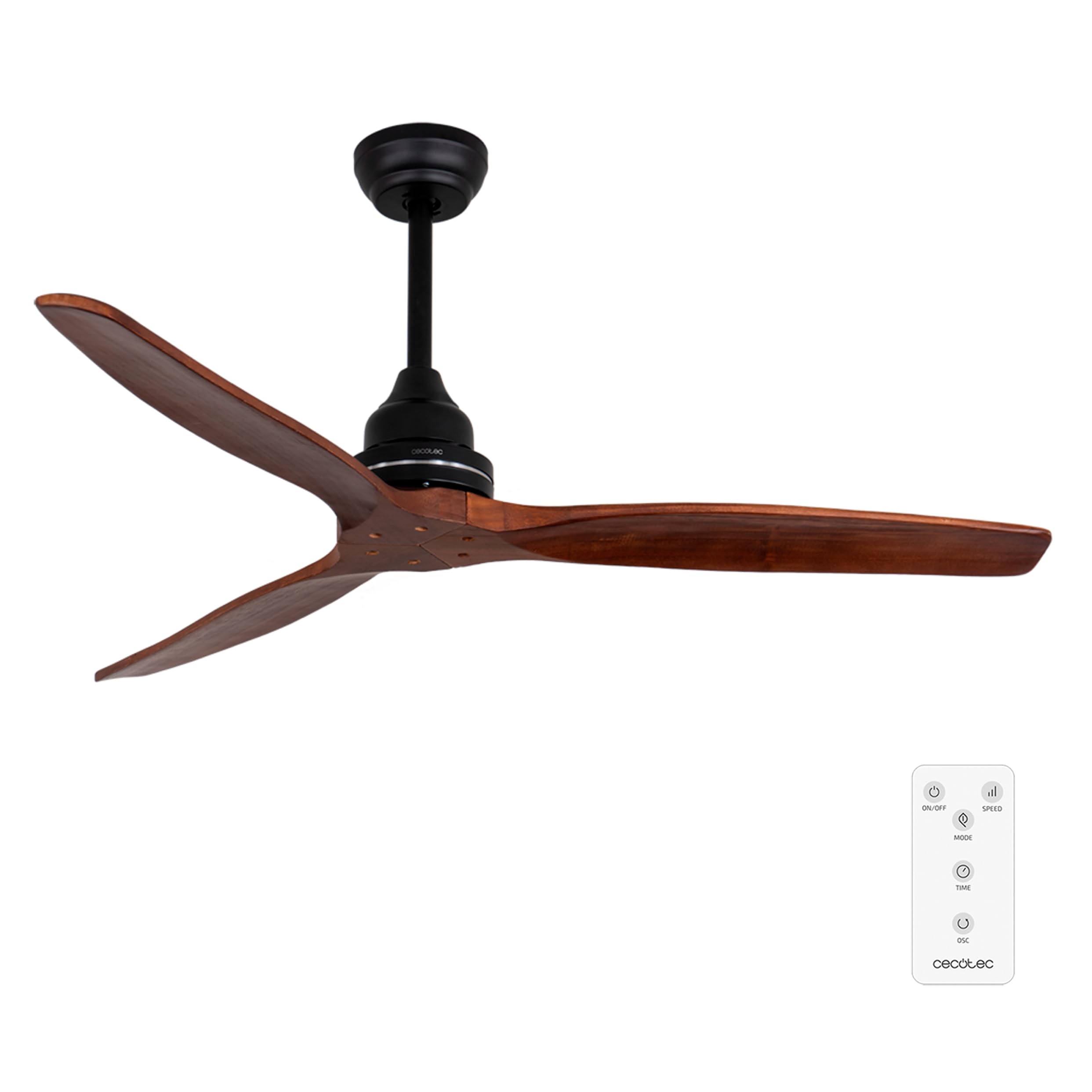 Cecotec Wentylator sufitowy EnergySilence Aero 580. Moc 65 W z mocnym silnikiem, 52” (132 cm), 3 łopatki, timer, 3 prędkości do wyboru, funkcja lato/zima, czarny/orzech