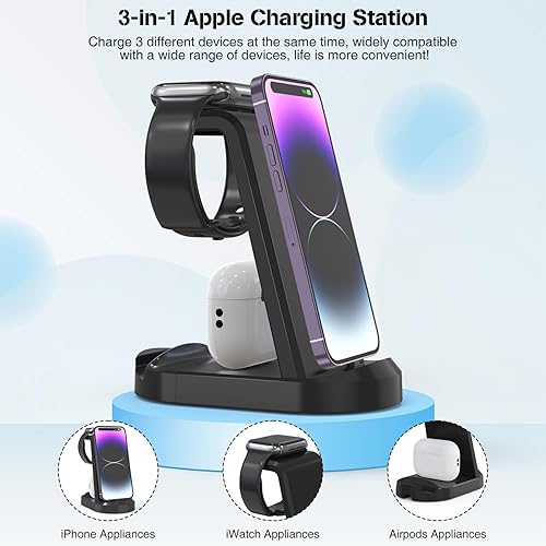 Miniatura 2 de Estación de carga 3 en 1, soporte de estación de carga rápida de 25 W para iPhone 14/13/12/11/Pro/Max y Apple Watch, base de carga para AirPods,