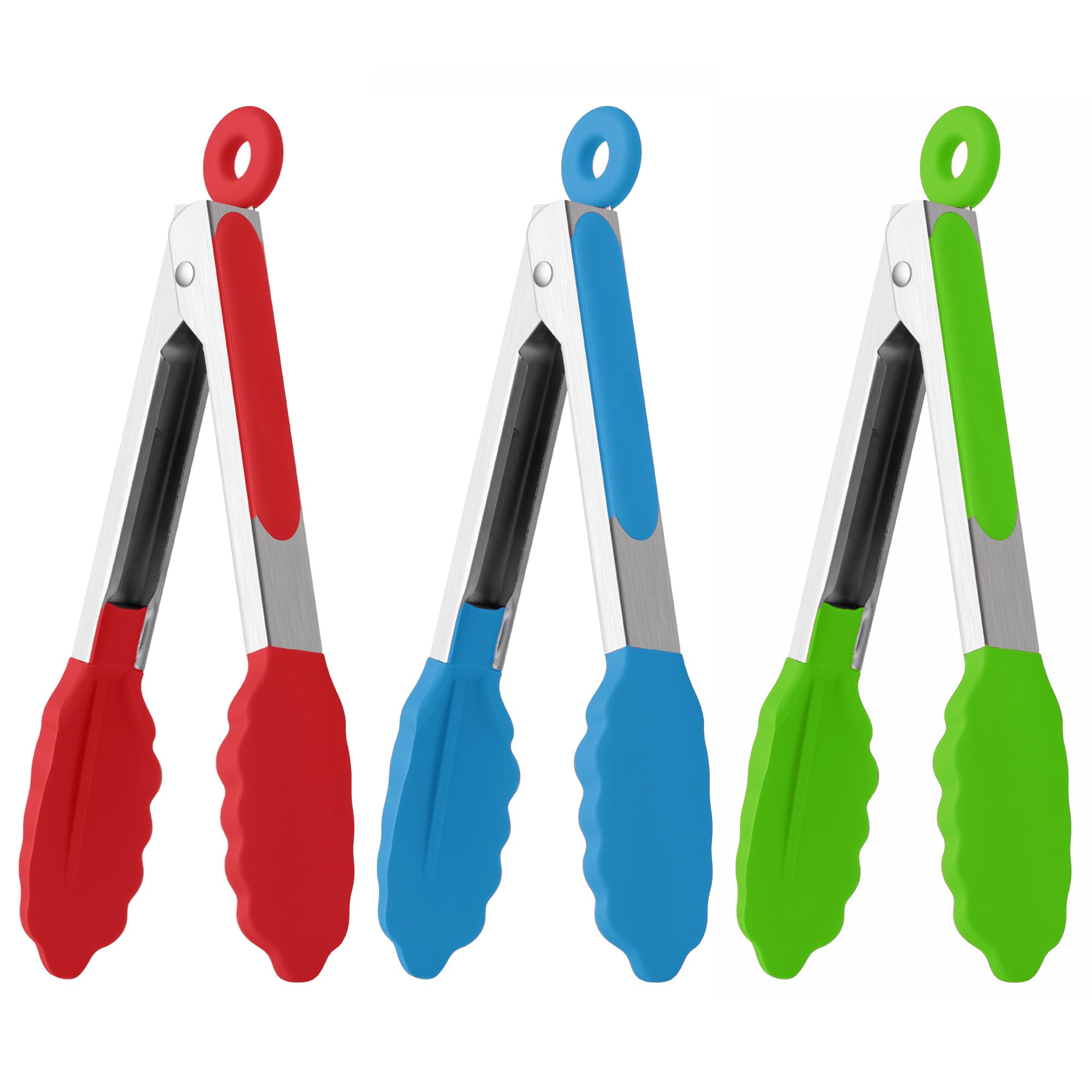 7 Inch Silicone Tongs, 3 Pieces, Small Tongs with Silicone Tips for Cooking, Grilling, Buffet Serving (7 Inch, RGB)