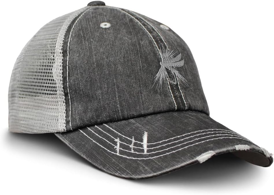 Soft Mesh Cap Hat Embroidered Silver Fly Fishing Embroidery Distressed Vintage Cap Cotton