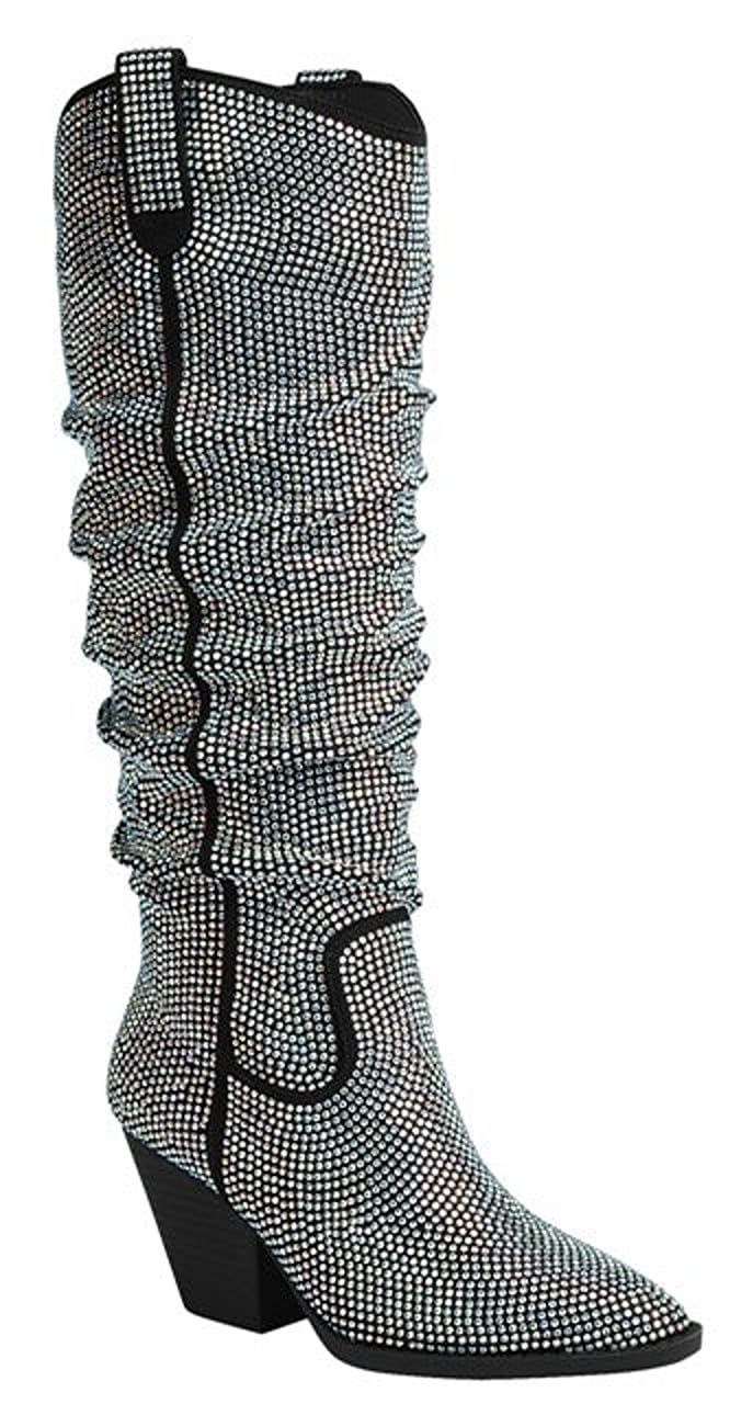 Forever Link River-29 Womens Rhinestone Western Cowboy Pointed Toe Knee High Pull-on Boots
