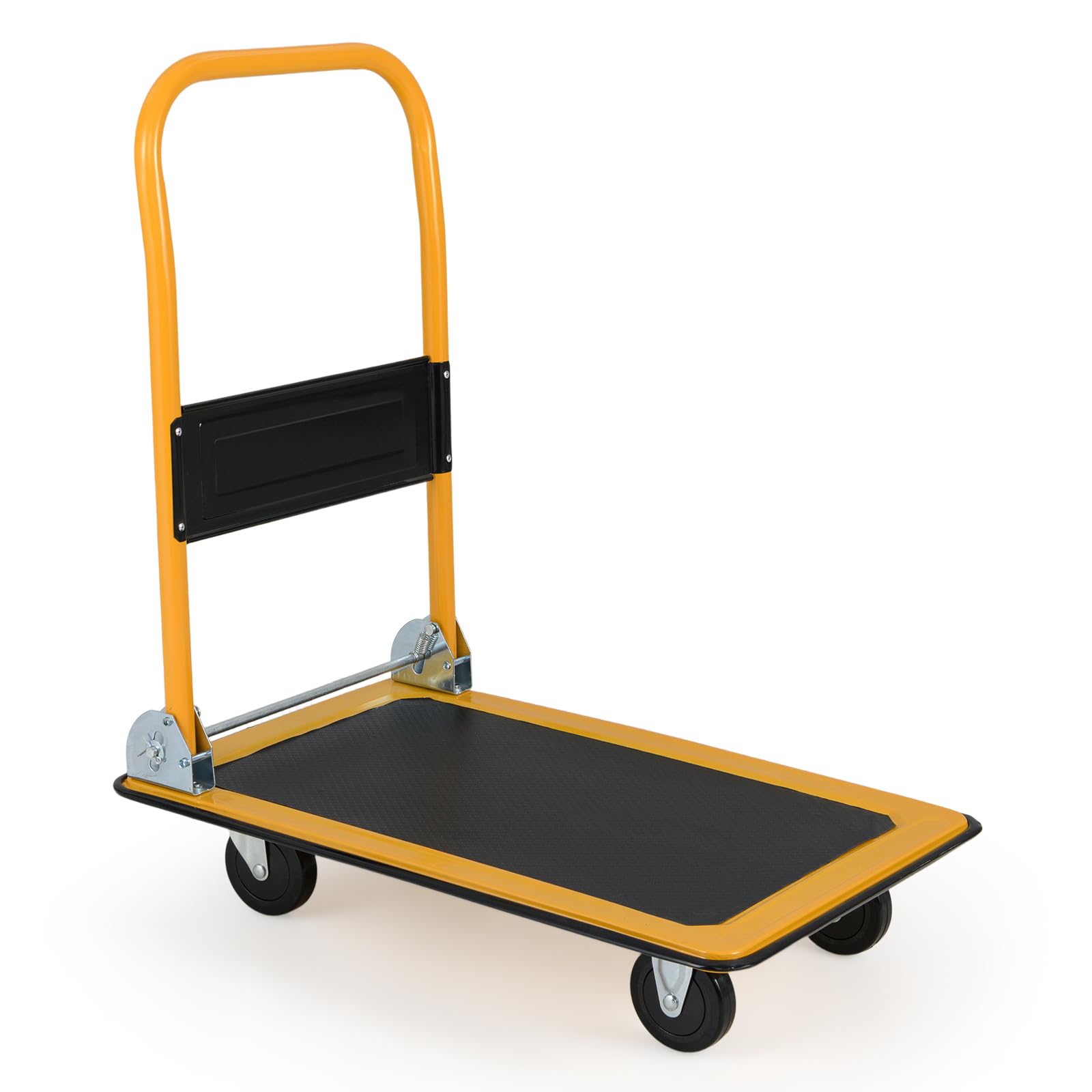GYMAX Carro de Plataforma Plegable, Carretilla de Mano con Plataforma Rectangular Antideslizante, Panel Anticaída, 4 Ruedas de PU, para Mudanzas, Jardinería, Capacidad de 150 KG (Amarillo + Negro)