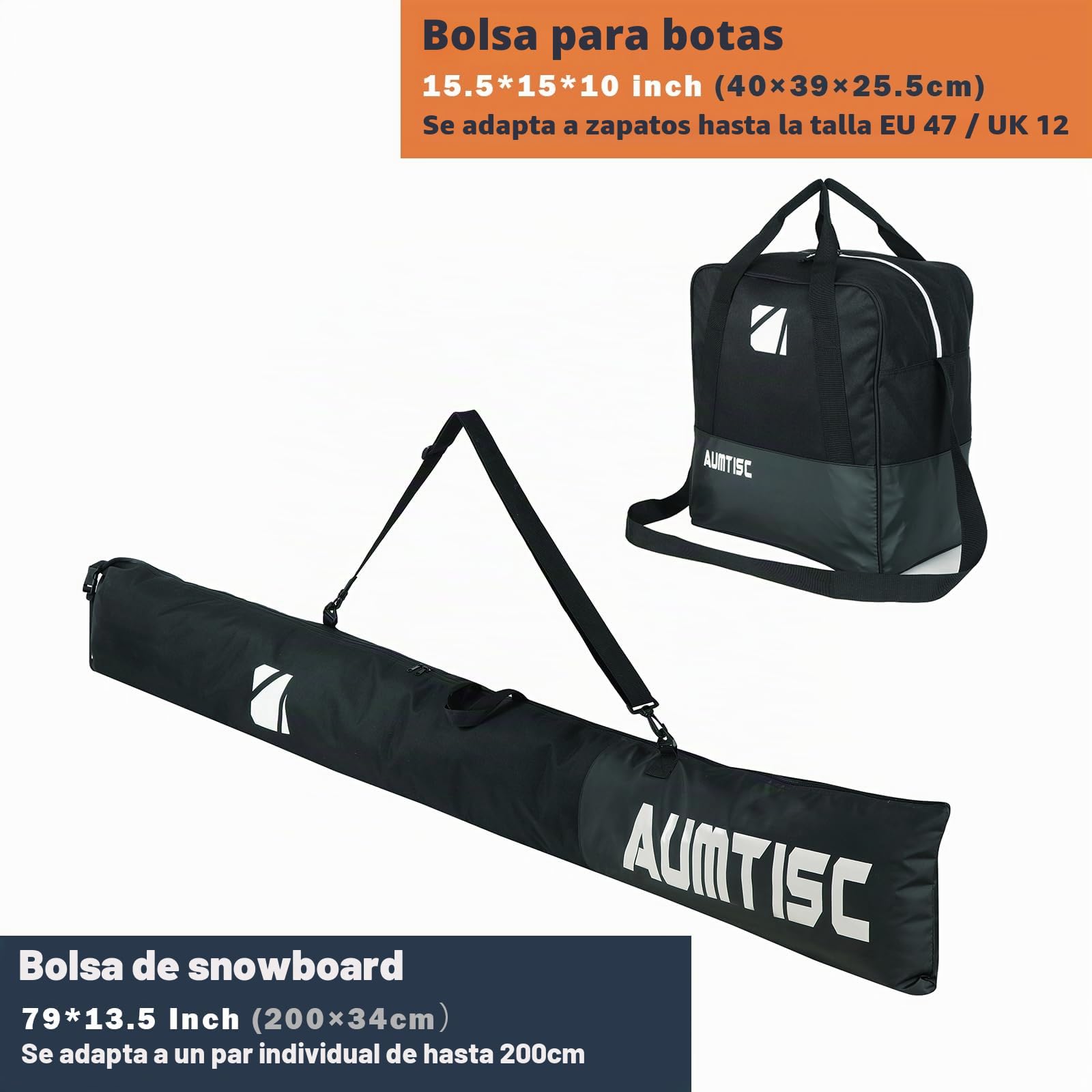AUMTISC Bolsa De Esquí Y Bolsa De Barco Combinadas Y Acolchadas para 1 Par De Botas De Esquí Bolsa De Esquí con Longitud Ajustable hasta 200 Cm…