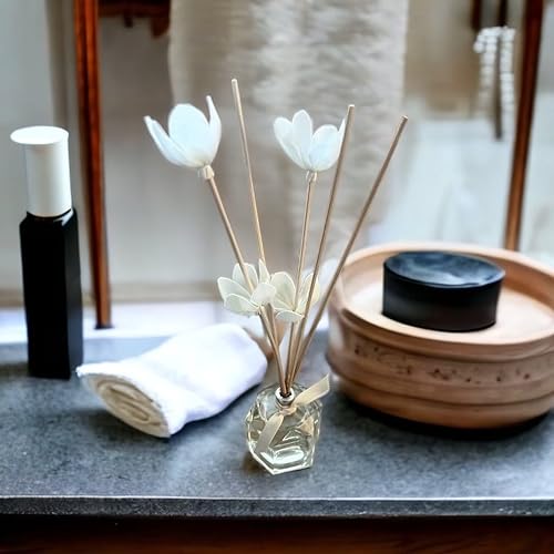 Miniatura 8 de Juego de difusor de varillas de ratán, aceite perfumado de lirio de jazmín con palos y hermosas flores de magnolia blanca, difusor de decoración de