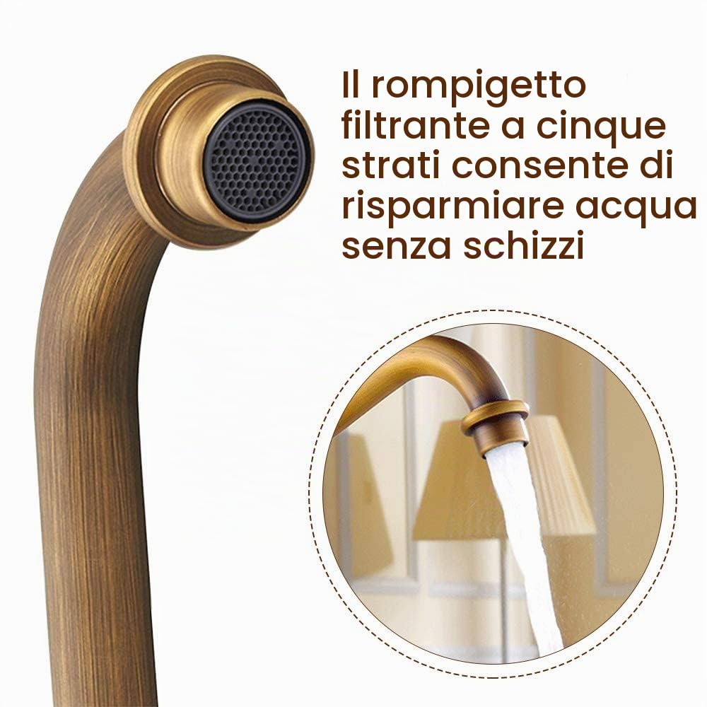 Rubinetto Vintage Rubinetto Lavello Cucina Girevole a 360°, Miscelatore Lavabo Bagno in Ottone, Rubinetto Bagno a Doppia Maniglia, Calda e Fredda del Rubinetto, con Tubo Flessibile, Design Durevole