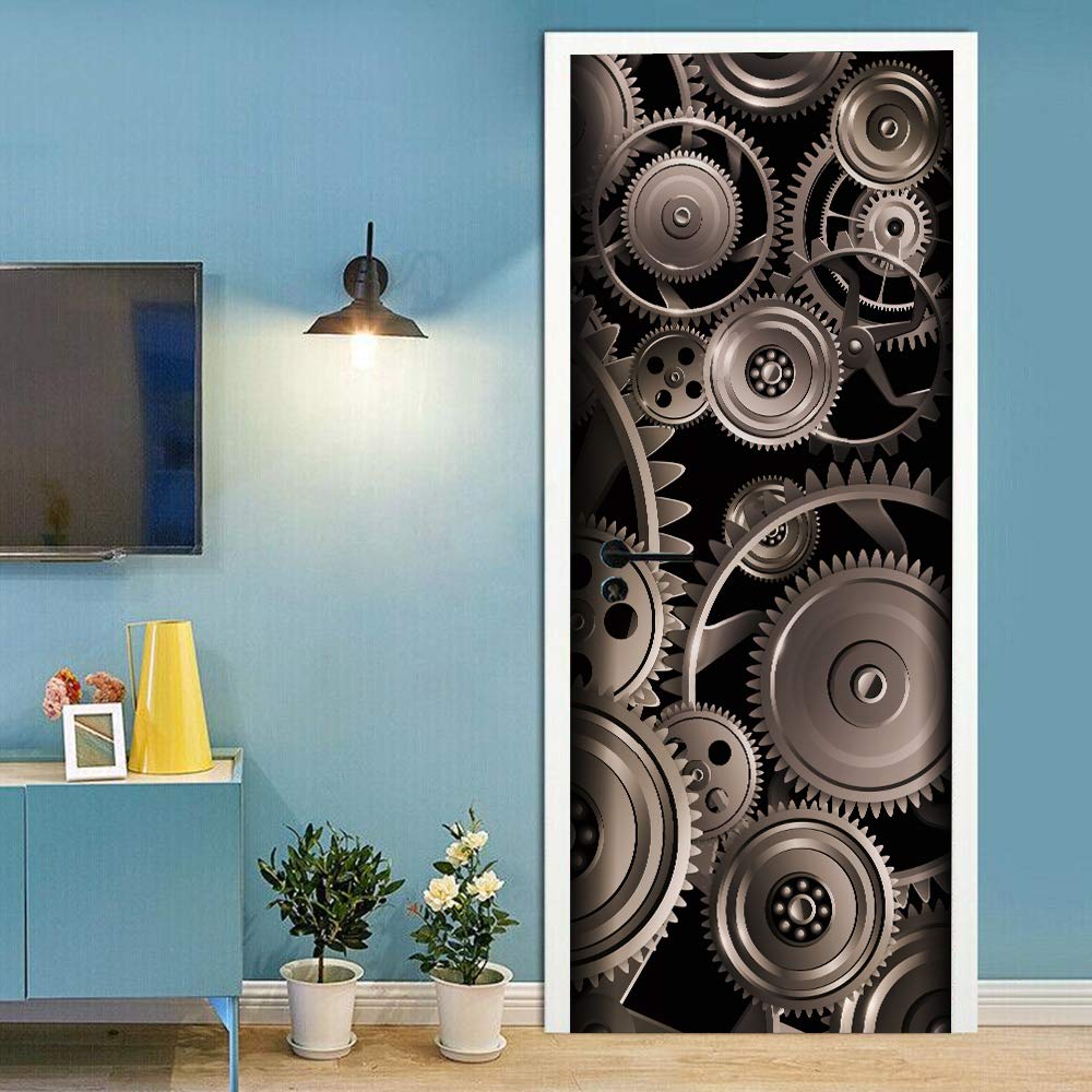Sticker de porte engrenage mécanique 88x200cm pour déco trompe l'œil