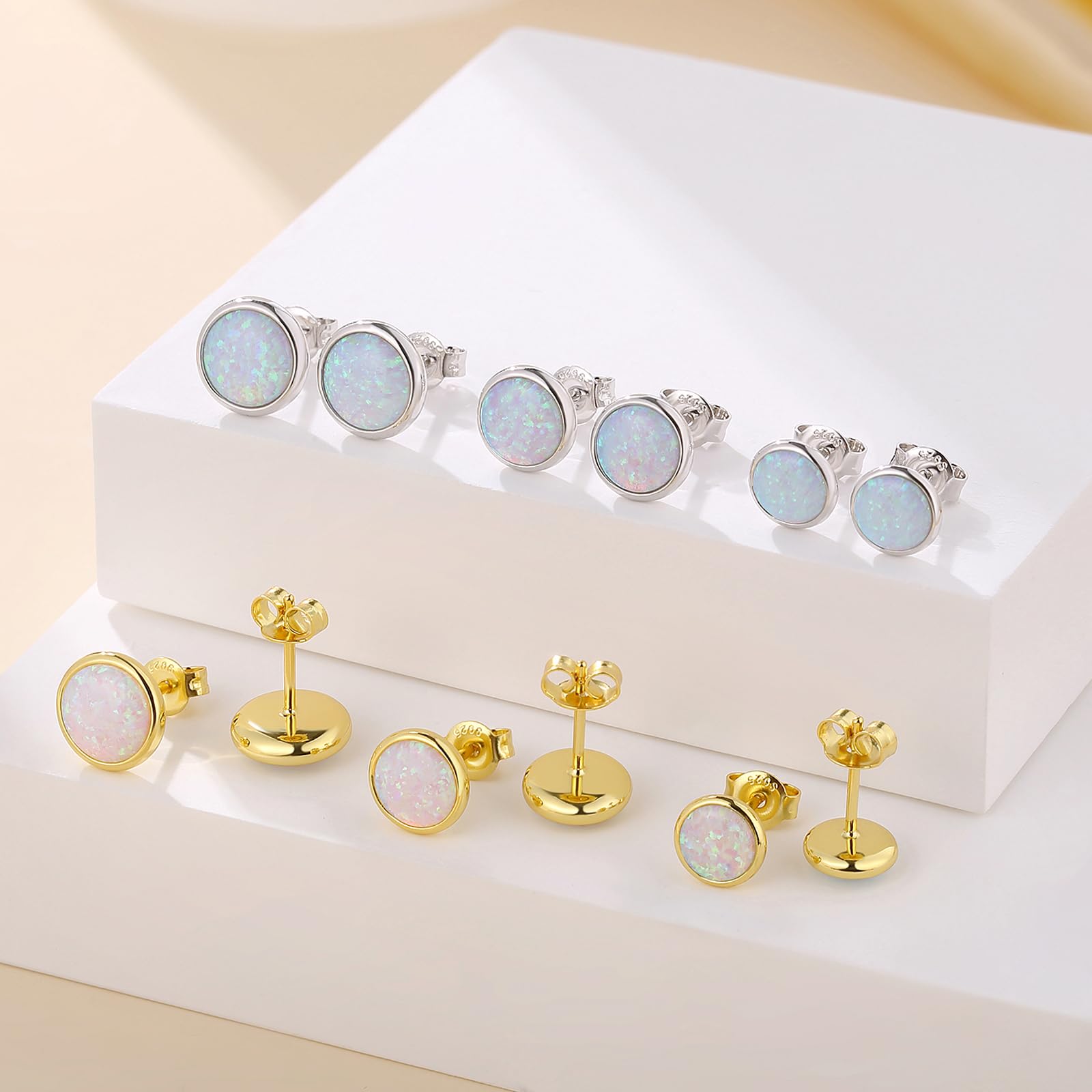 Oro Blanco 18K - Pendientes Hombre Mujer ópalo Plata Brillante Pendientes Hombre Mujer Plata De Ley s925 6-8mm