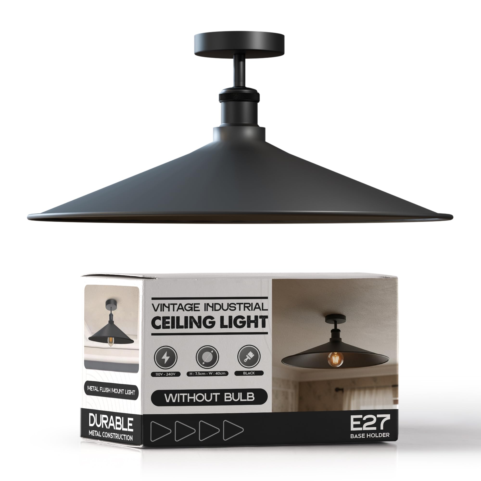LEDSone Vintage Black Ceiling Light Fixture Industrial Chandeliers Morden LED Flush Mount Ceiling Lamp Metal Lampshade with E27 Base for Bedroom, Living Room, Dining Room, Kitchen, Hallway EPC A+