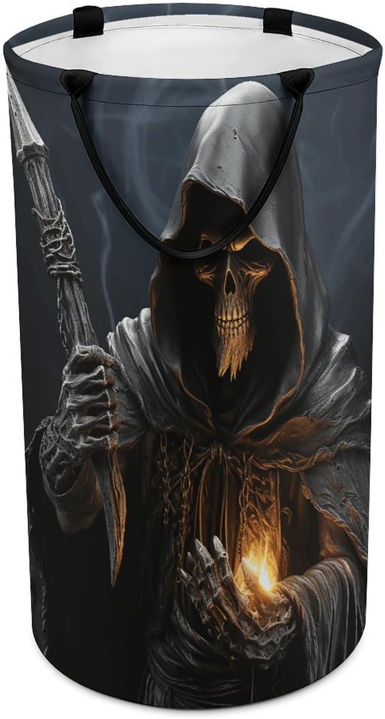 Grim-Reaper Laundry Hamper with Handles Waterproof Collapsible Laundry Basket Large Lightweight Round Dirty Clothes Hamper for Home Dorm Bathroom Decor