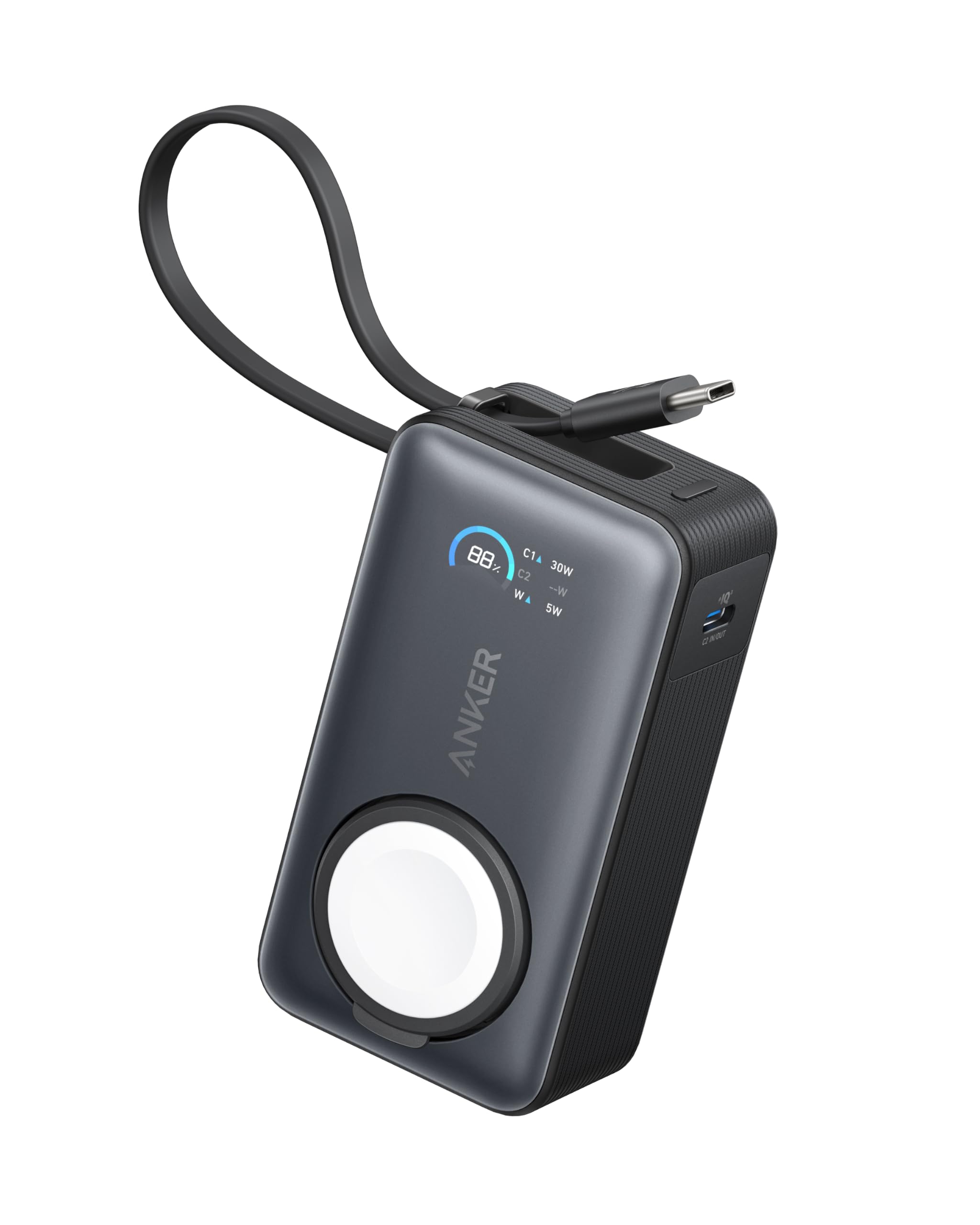Anker Batterie Externe Magnétique 10000 mAh PD 35W et Câble USB C Intégré | Charge Rapide pour Apple Watch, iPhone 17 Pro Max/17/15/14/13, Samsung, iPad, AirPods et Autres (Noir)