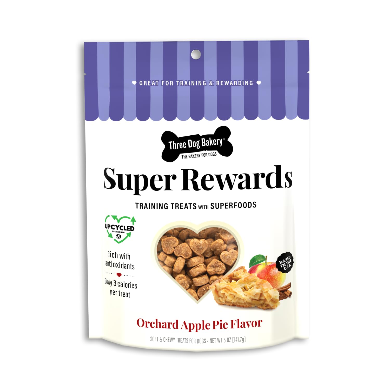 Three Dog Bakery Super Rewards Orchard Apple Pie Treats, 8oz - Soft Dog & Puppy Training Treats, Superfoods, Resealable Pouch