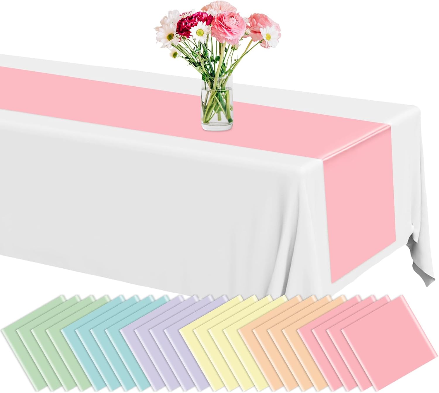 24 Pack Pastel Rainbow Plastic Table Runners 14 x 108in Pastel Long Wedding Table Runner Disposable Tables Runners for Dinner Banquet Tables Decor Ice Cream Party Wedding Birthday Party Decor