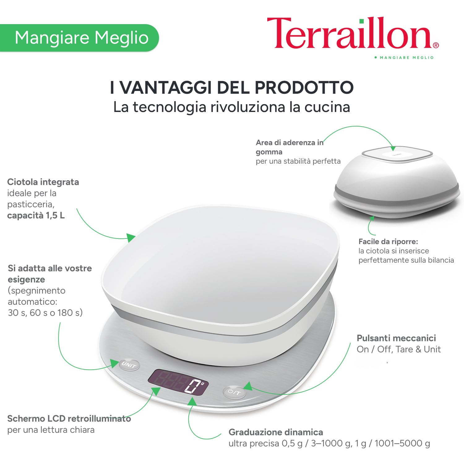 TERRAILLON - MACARON GLACEE + BOL - Bilancia da cucina elettronica, finitura inox, ciotola da 1,5 l, schermo LCD retroilluminato, maniglia integrata, capacità 5 Kg, gradazione 0,5 g/1 g, acciaio inox