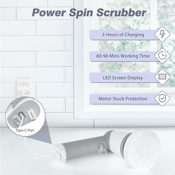 Electric Spin Scrubber Cordless Electric Cleaning Brush with LED Display, Shower Cleaning Brush with Replaceable Brush Head, Power Scrubber for Bathroom Kitchen Tile Tub Floor Cleaning