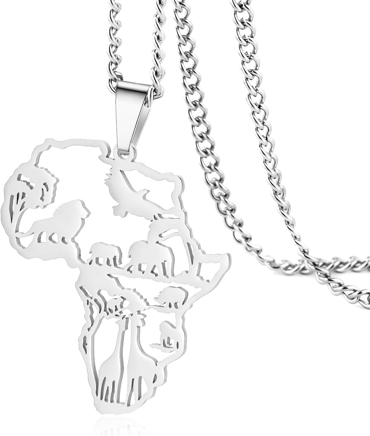 GYFGRTQ African Map Animal Pendant Necklace for Men Women Elephants Lions Giraffes Zoo Wildlife Jewelry, Sliver