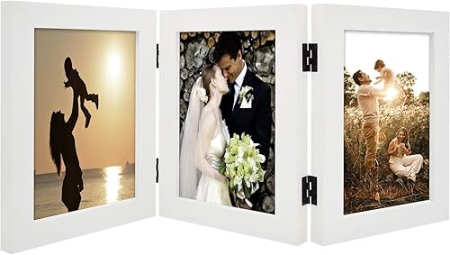 Golden State Art, 5x7 Three Picture Frame Trifold Hinged Photo Frame with 3 Openings, Desk Top Family Picture Collage, with Real Glass (5x7 Triple, White, 1-Pack)