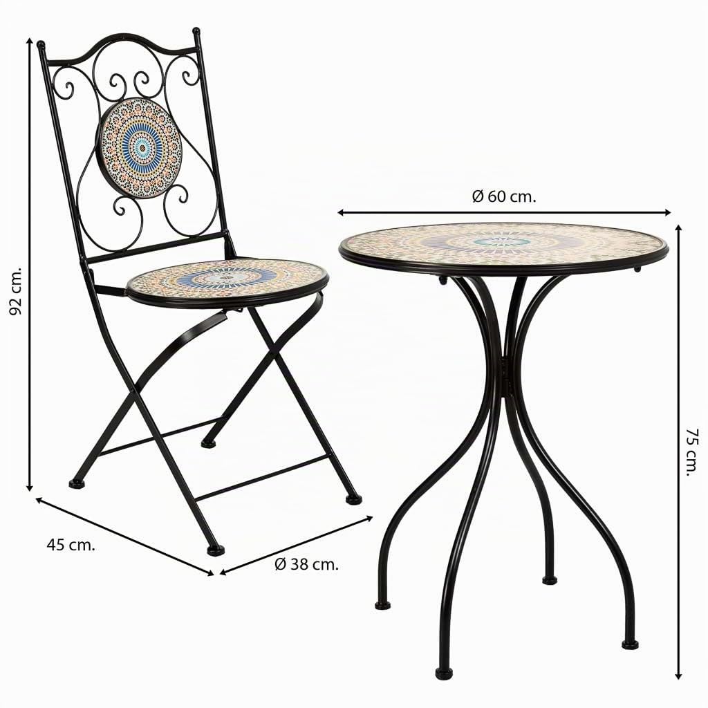 WANDERLUST DECO Conjunto de Jardín Mesa y 2 Sillas de Mosaico Naranja y Forja Negra, Set Bistró para Terraza o Exterior, Mesa Ø60 cm con Sillas Decorativas, Mobiliario Exterior Elegante