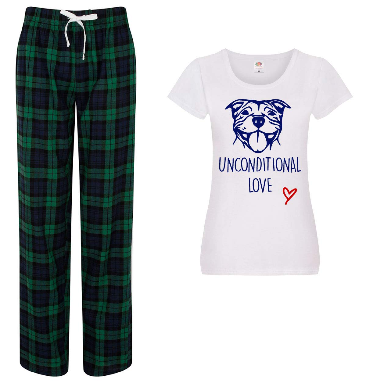 60 Second Makeover Women's Green Limited Staffy Unconditional Love Pyjamas For Tartan Trouser Bottoms Pyjama Dog Staffordshire Bull Terrier Staffy Gifts Pjs Pajamas - Small