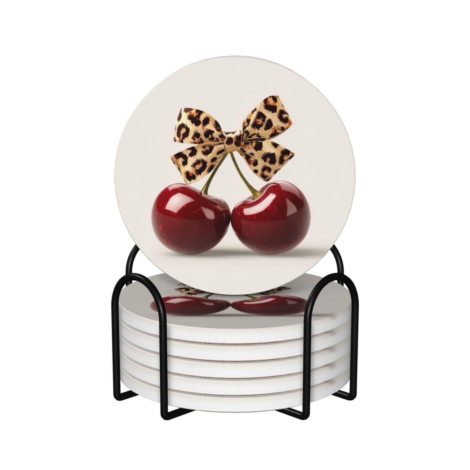 Two Red Cherries with Leopard Bow Ceramic Coasters with Holder 6ps