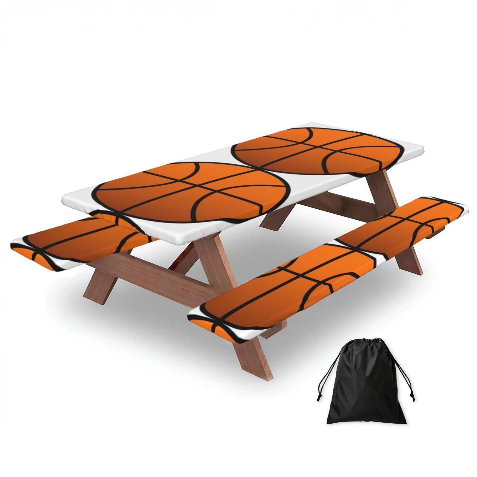 Zyjhyy Black Basketball Print Party Table Covers With Bench Covers Set Of 3 Picnic Table Cloth Wipe Clean For Garden Camping