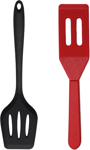 Mini Serving Spatulas, Non-Stick Cookware Silicone Spatulas, Flexible Spatulas for Small Frying Cookware, Flipping Burger, Eggs, Cookie, Set of 2 (Black, Red)