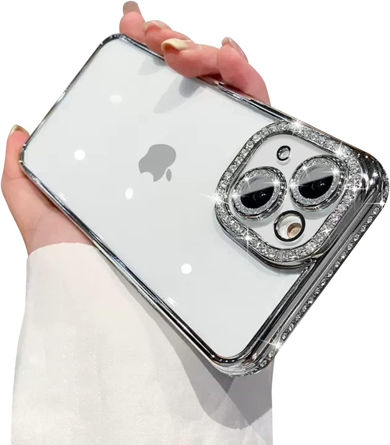 AmazFCCY Glitter Plating Case for iPhone 14 Plus 6.7'', Cute Luxury Bling Rhinestones Diamond Soft Bumper Clear Transparent TPU Thin Lightweight Case for Apple iPhone 14 Plus 6.7 inch 2022(Silver)