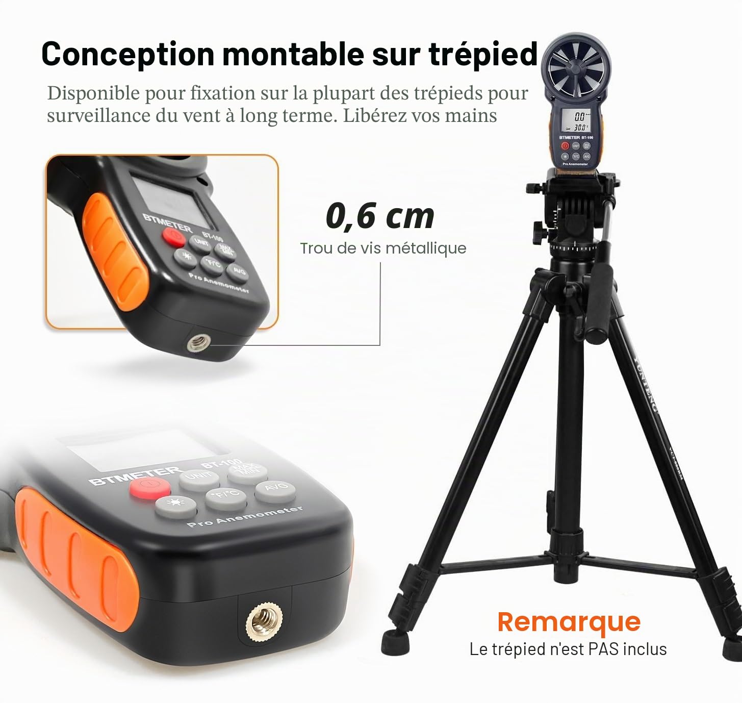 BTMETER Anémomètre numérique portatif BT-100, jauge de vitesse du vent, mesure avec précision la vitesse du vent et la température pour CFM, avec MAX/MIN/AVG, rétroéclairage LCD, CVC