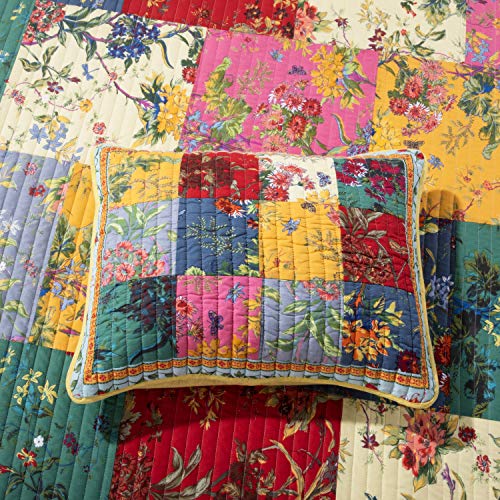 Hailea 100% Cotton Patchwork Quilt Set King Size Vintage Floral Plaid Bedding Luxury Flower Quilt Lightweight Reversible Yellow Red Pink Bedspread Coverlets All Season Bed Set,1Quilt 2 Pillow Shams #TOP4