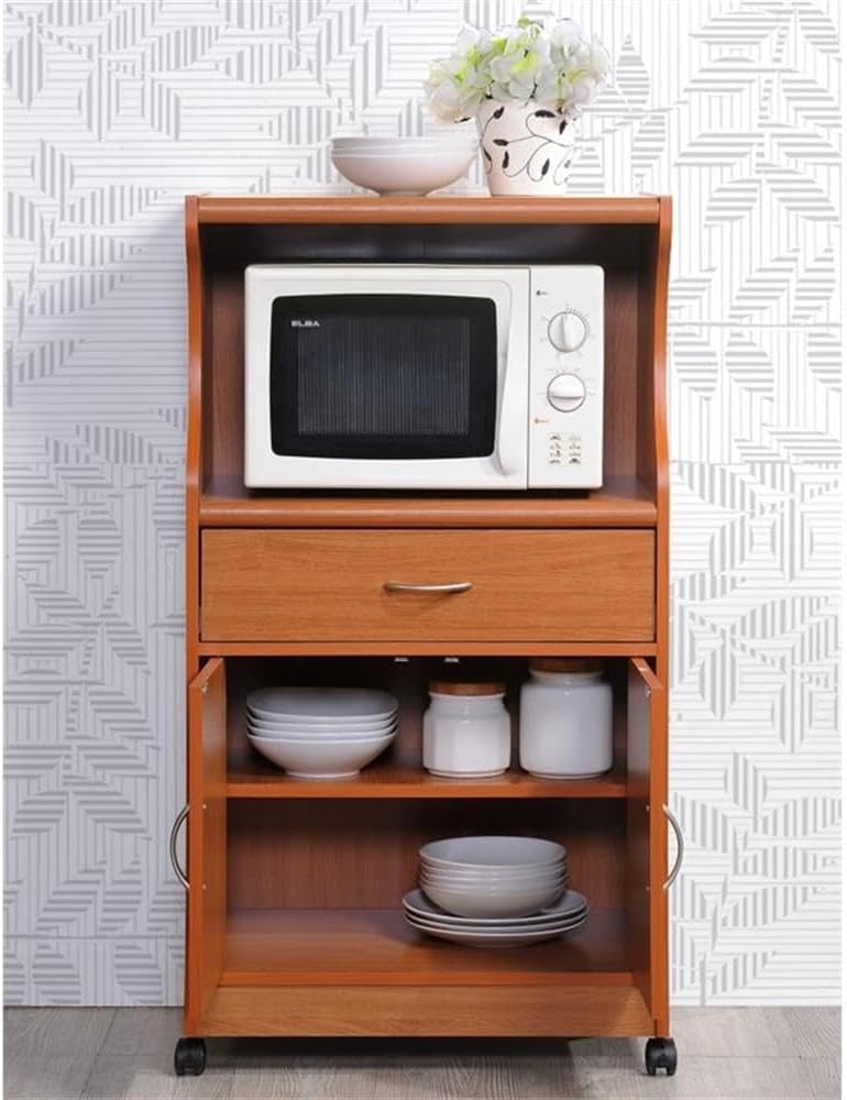HODEDAH IMPORT Microwave Cart with One Drawer, Two Doors, and Shelf for Storage, Cherry