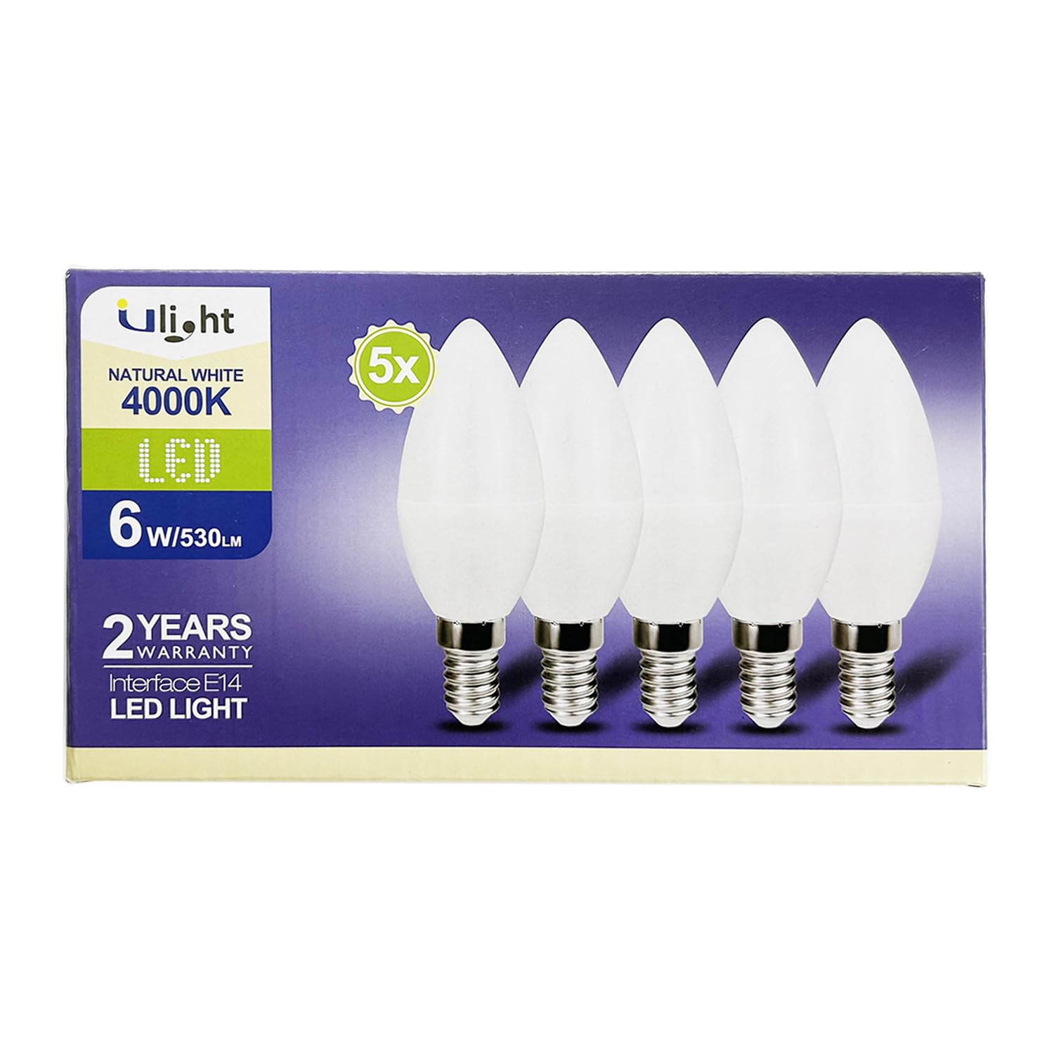 ULIGHT Lampadina LED E14 Oliva, 6W Equivalente a Incandescente da 50W, Luce Bianca Naturale 4000K, 530 Lumen, 220V-240V Non Dimmerabile, Fascio Luce 210°, Confezione da 5 Pezzi