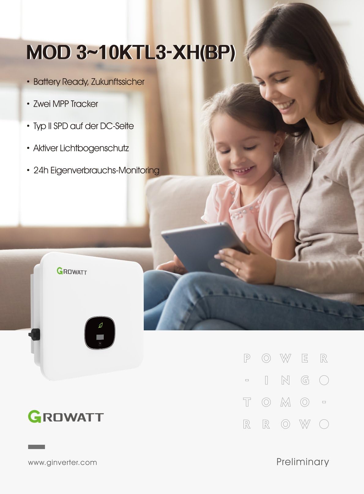 Growatt Wechselrichter 4kW MOD 4KTL3 XH BP Hybrid Inverter/Solarwechselrichter mit integrierter Batterieladefunktion, 3 Phasen, 2 MPPT Tracker, aktiver Lichtbogenschutz