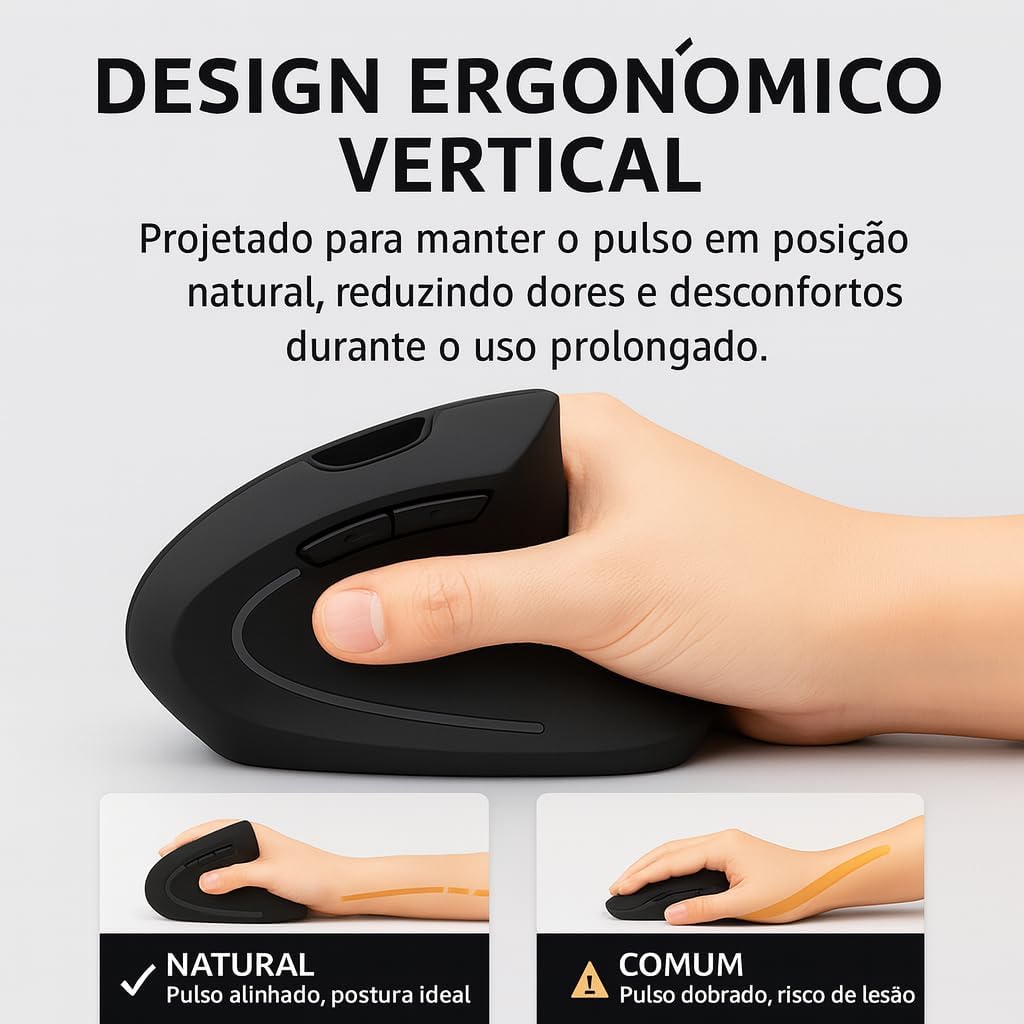 Mouse Vertical Anatômico Ergonômico Destro Recarregável Sem Fio Bluetooth 2.4 GHz USB Bateria 6 Botões Ótico Prevenção Tendinite Mouse Vertical Anatômico Ergonômico Destro Recarregável Sem Fio Bluetooth 2.4 GHz USB Bateria 6 Botões Ótico Prevenção Tendinite