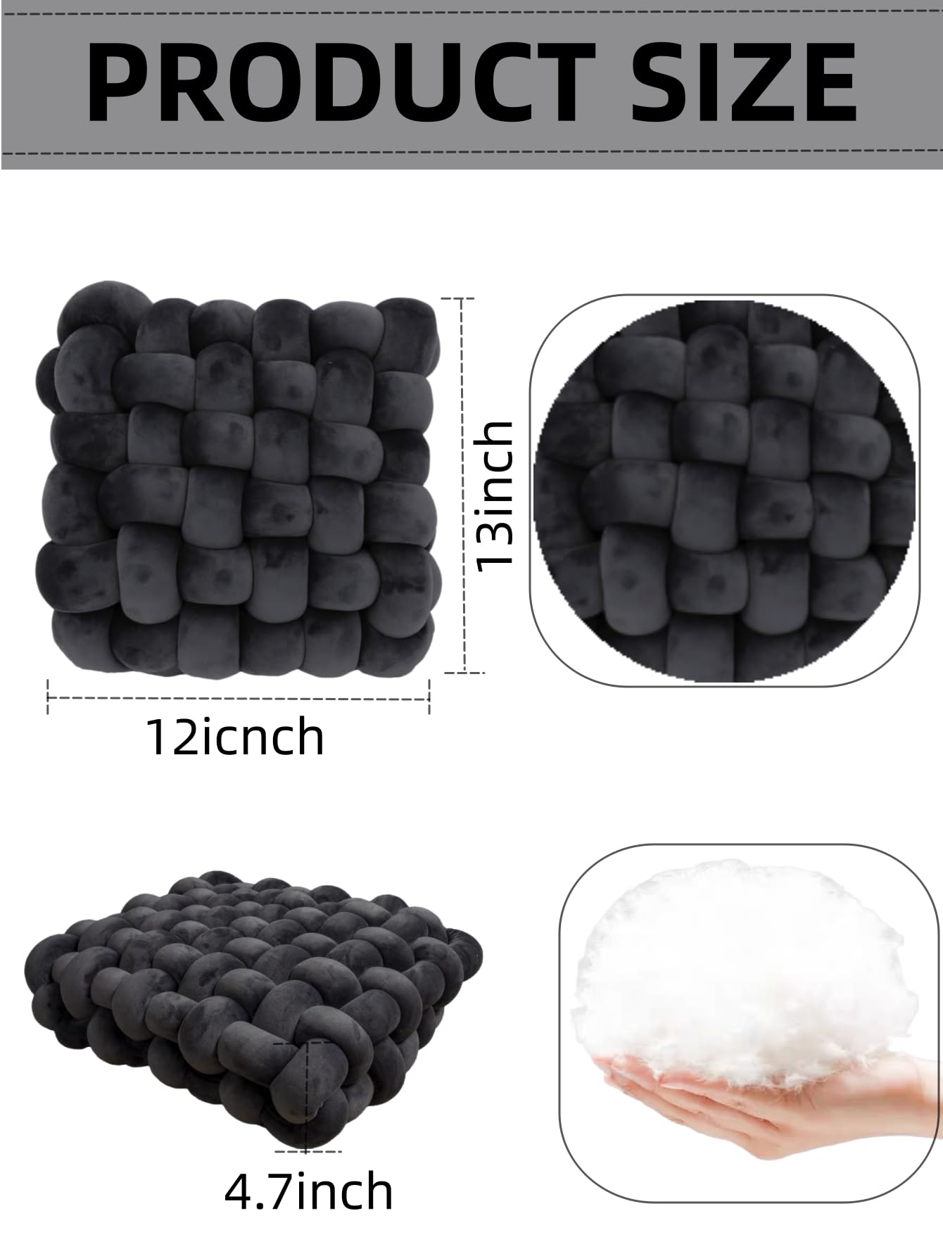 Weiches Knotenkissen, dekoratives Wurfkissen für Couch, Kinderknotenkissen, quadratisch, Rückenkissen, Bodenmatte für Wohnzimmer, Schlafzimmer, Büro (Dunkelgrau, 30,5 x 33 cm)