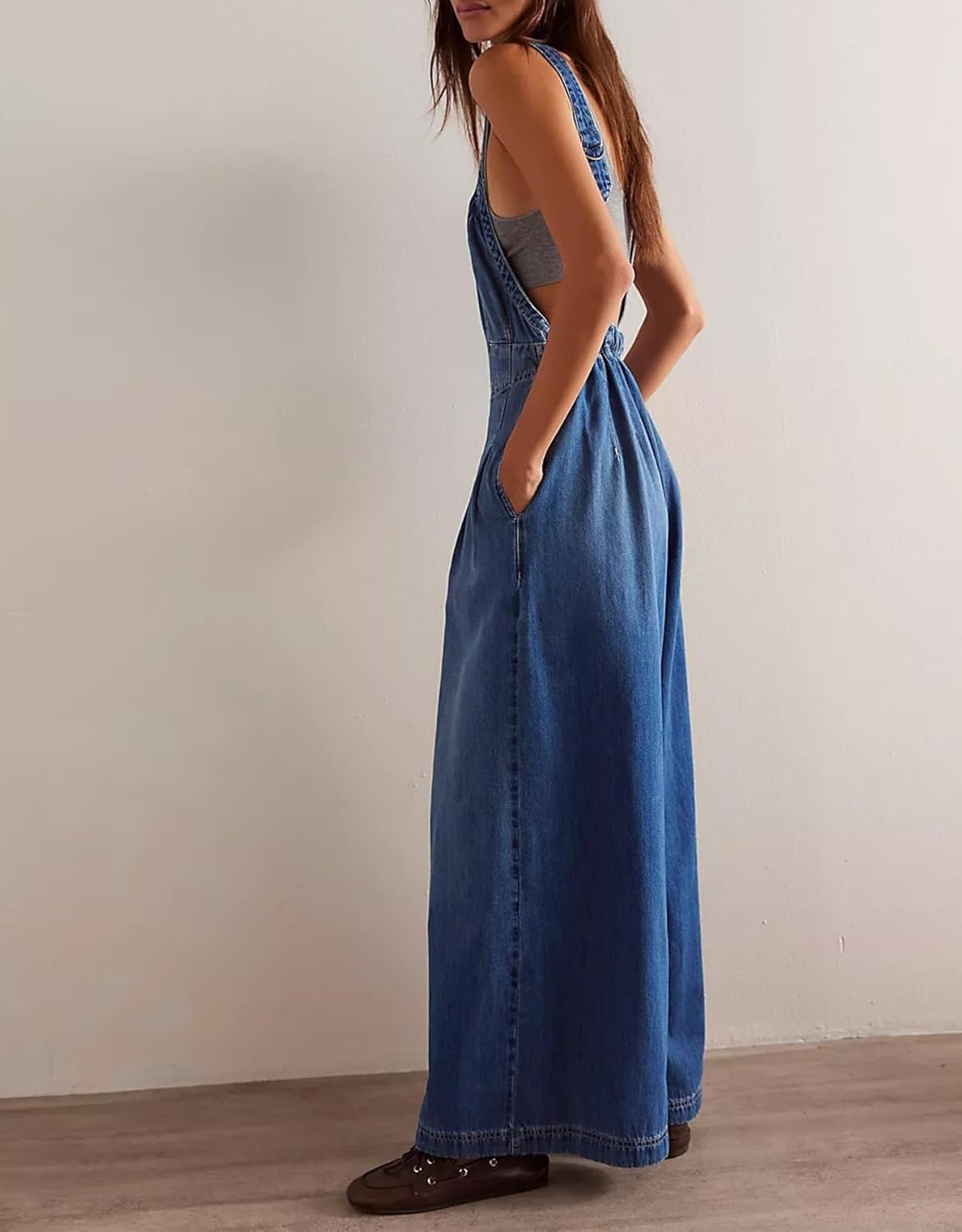 D-Sun Women Denim Overalls Wide Leg Bib Pants Adjustable Strap Sleeveless Jean Jumpsuit Backless Elastic Waist Rompers - Image 3