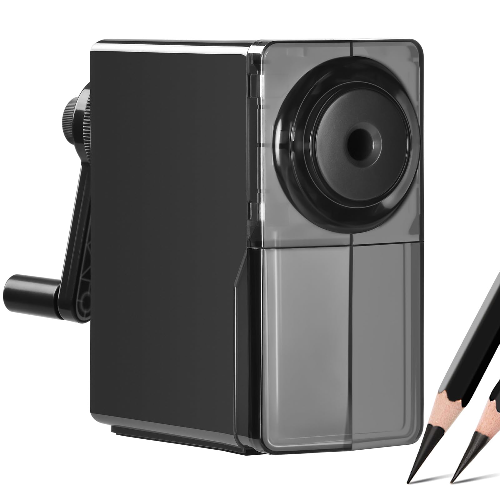 Manual Pencil Sharpener Desk Pencil Sharpener with Container 5 Grades of Thickness Adjustable and Auto-Stop Function Suitable for Kids/Students/Artists Office Use (Black)