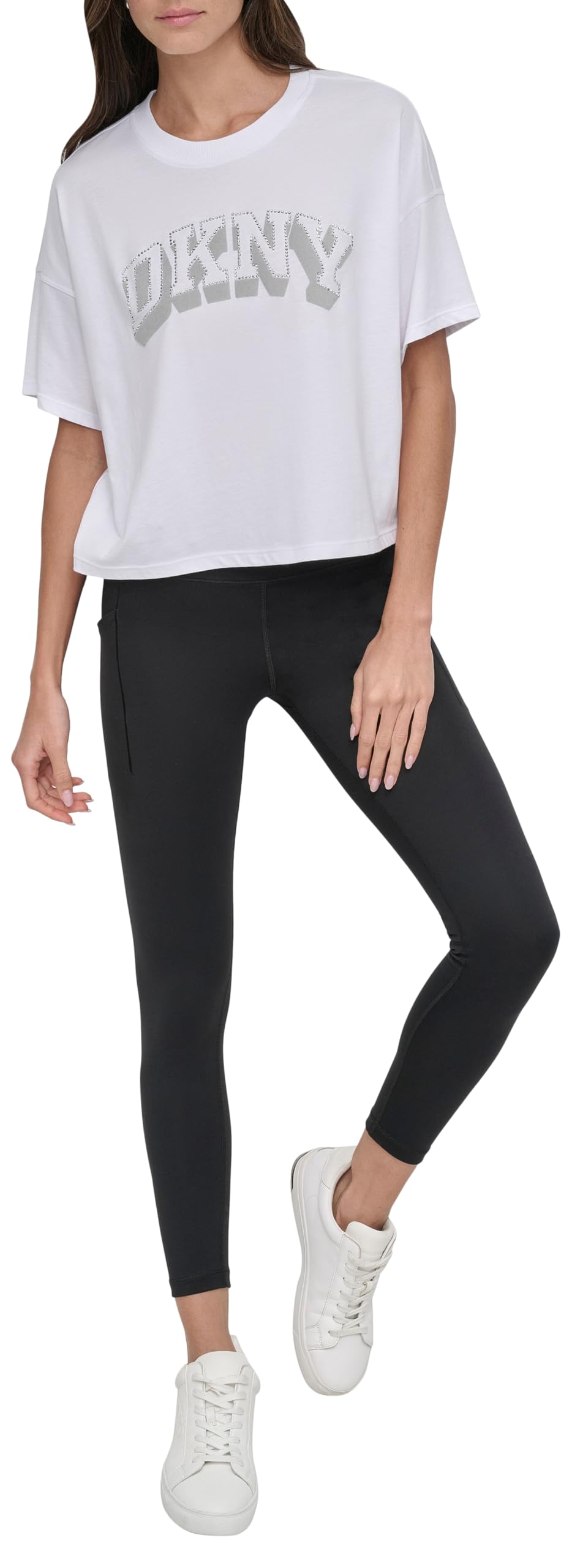 DKNY Womens Flocked Rhinestone Varsity Logo Crop Tee - White Zinc - XS