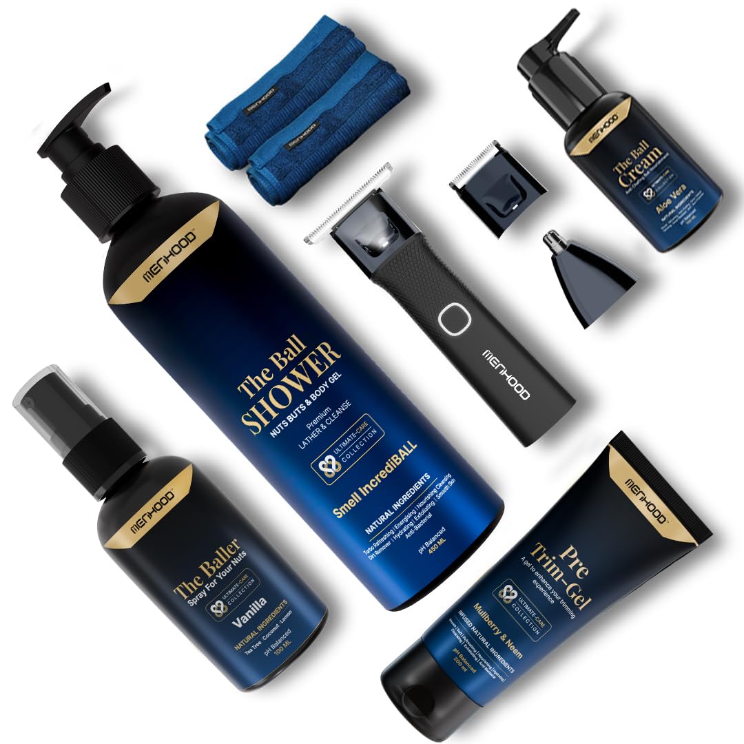 Menhood Down There Package Ultra Includes - Grooming Trimmer Ultra, The Baller - Vanilla (Intimate Spray), Ball Shower Gel (100% Natural Intimate Wash), Ball Preserver, Pre-Trim Gel, Ball Towel | Gifts For Him