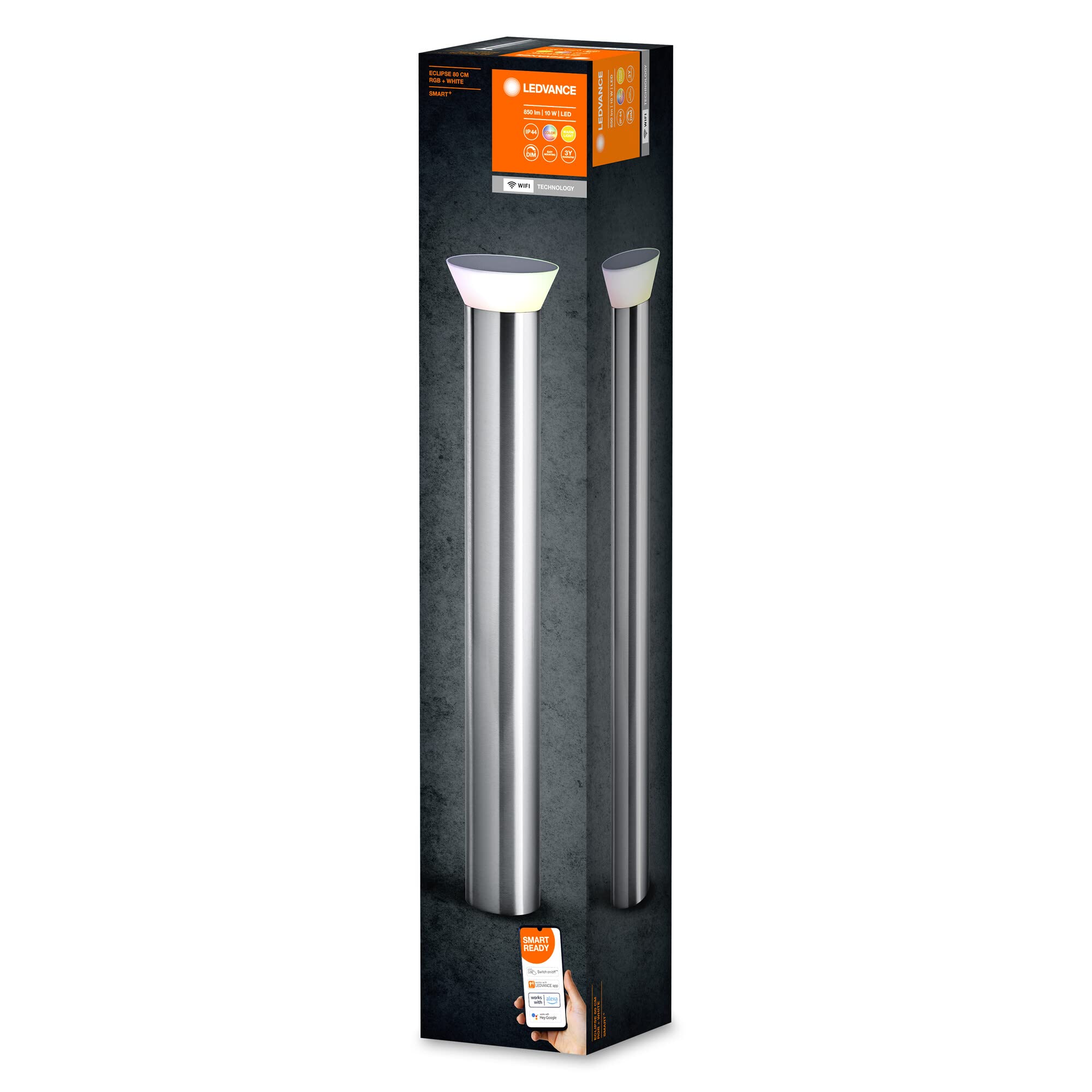 LEDVANCE SMART+ Outdoor WiFi-Wegeleuchte 10W, 850lm, grau, mit warmweißem Licht (3000K) und 16 Mio. Farben, hochwertiges Edelstahlgehäuse, steuerbar per App, kompatibel mit Amazon, Google und Co.