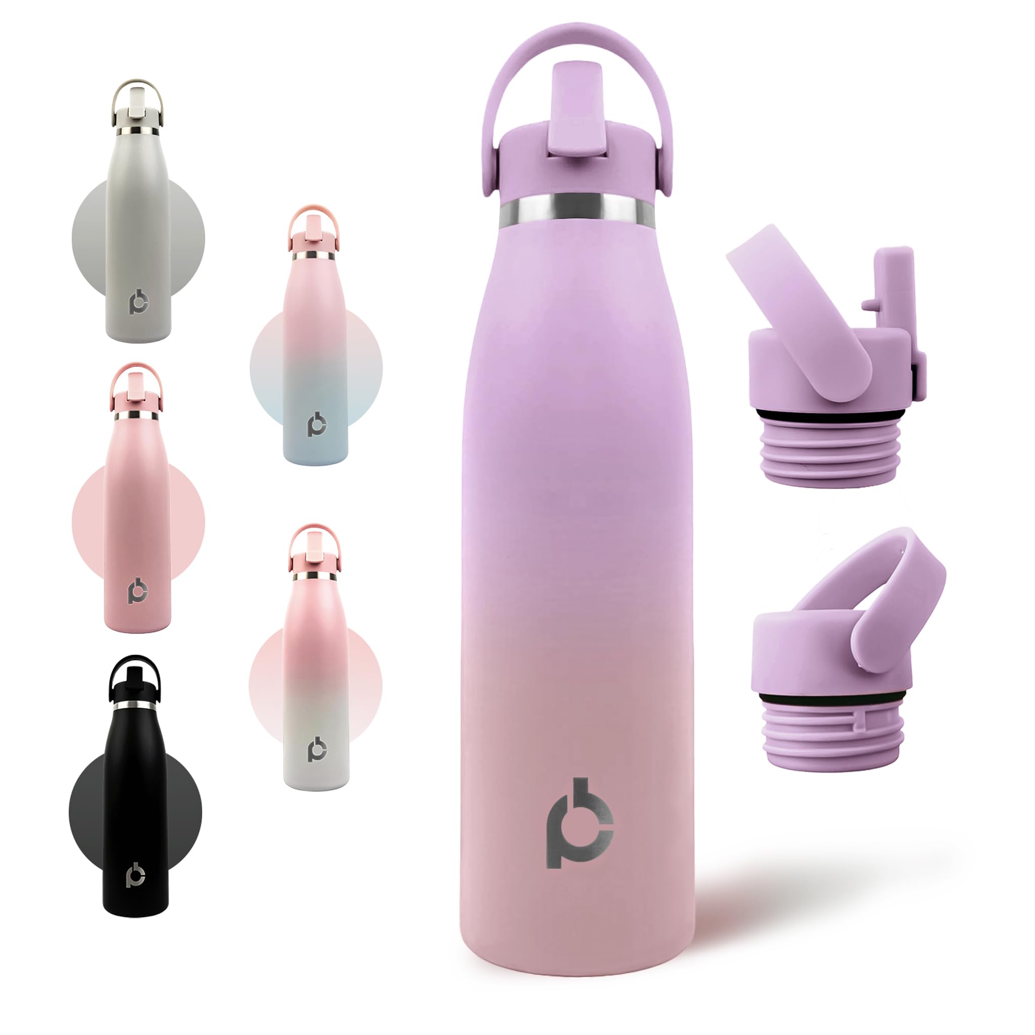 Positive Bottle® Insulated Stainless Steel Water Bottle 500ml/17oz | Leakproof Reusable Drinks Bottle with 2 Lids (Straw & Screw Top) | Cold 24H Hot 12H | Eco-Friendly Metal Bottle (Twilight Bloom)