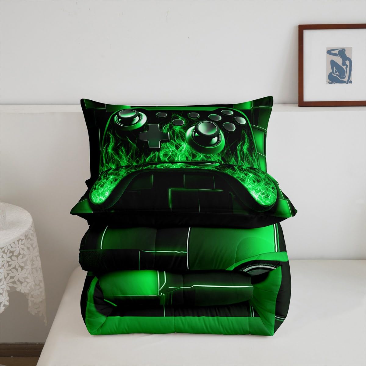 Homewish Neonowe kostki, zielone zestawy kołder do gier dla chłopców, geometryczne zestawy pościeli, konsole do gier, zestaw kołder, dekoracja dla chłopców, dekoracja sypialni
