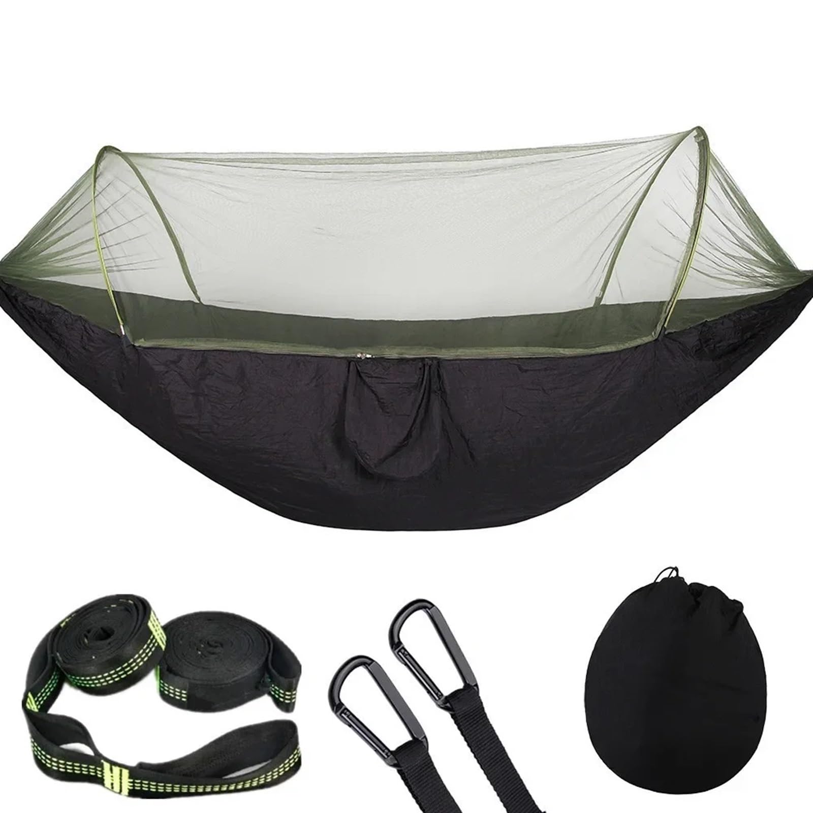 Amaca da campeggio leggera e portatile con rete in tessuto paracadute, ideale per escursioni, viaggi e viaggi – nero con 6 anelli.