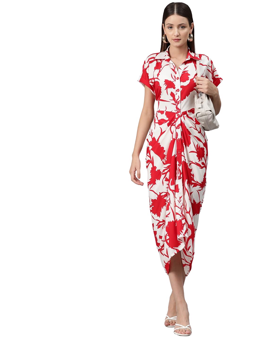 Women White and Red Short Sleeves Floral Print Crepe Shirt Midi Dress-image-30