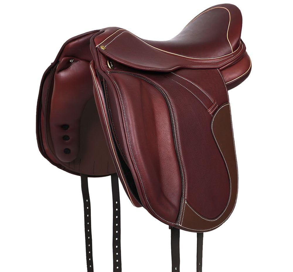 A&M Reitsport Selle de dressage 1146 en cuir, tête interchangeable, arbre en polyflex, marron/beige, taille : 17,5"