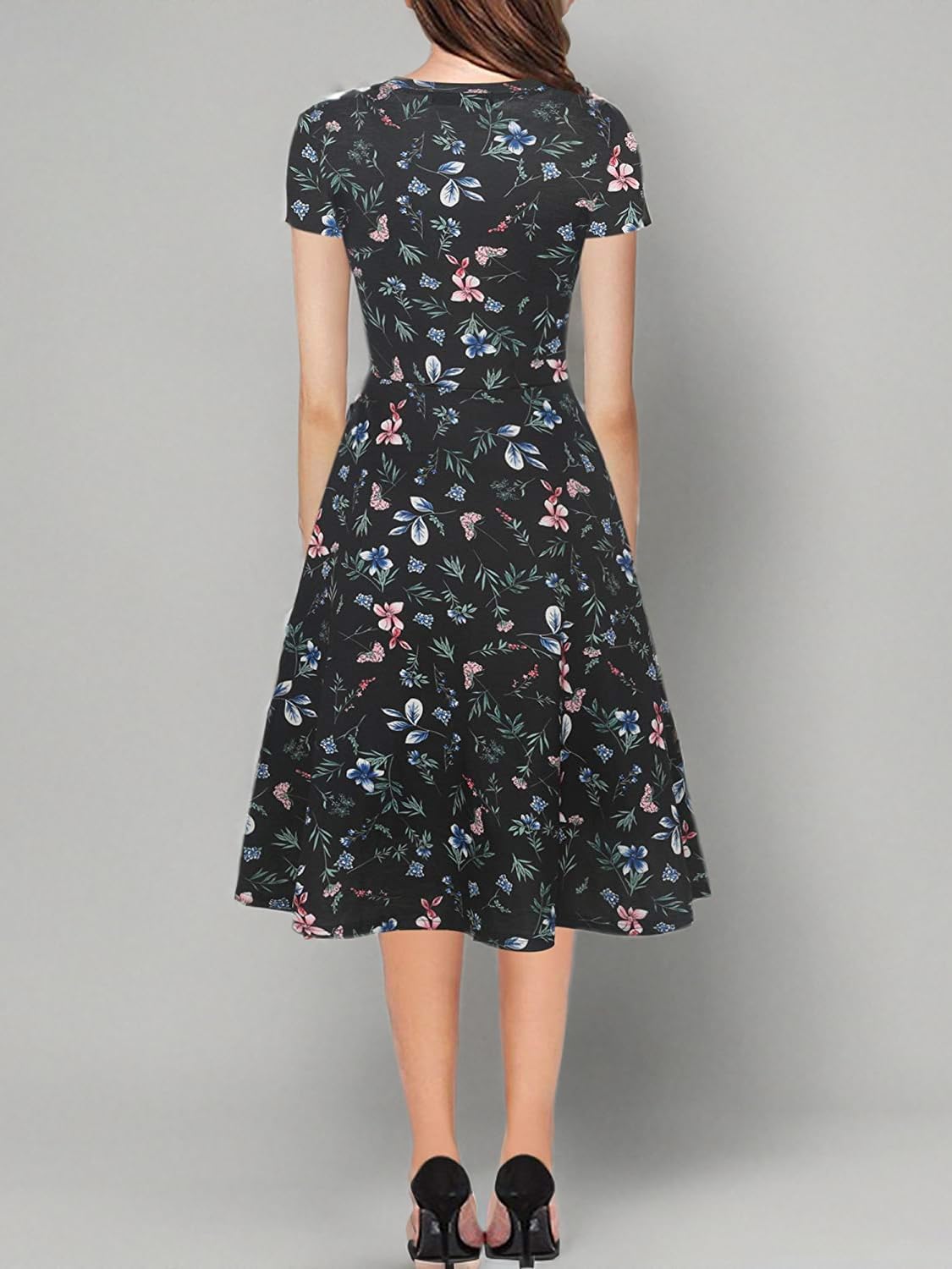 oxiuly Women Casual Dress Round Neck Soft Cotton Floral A-Line Midi Summer Dresses with Pockets OX262 - Image 5