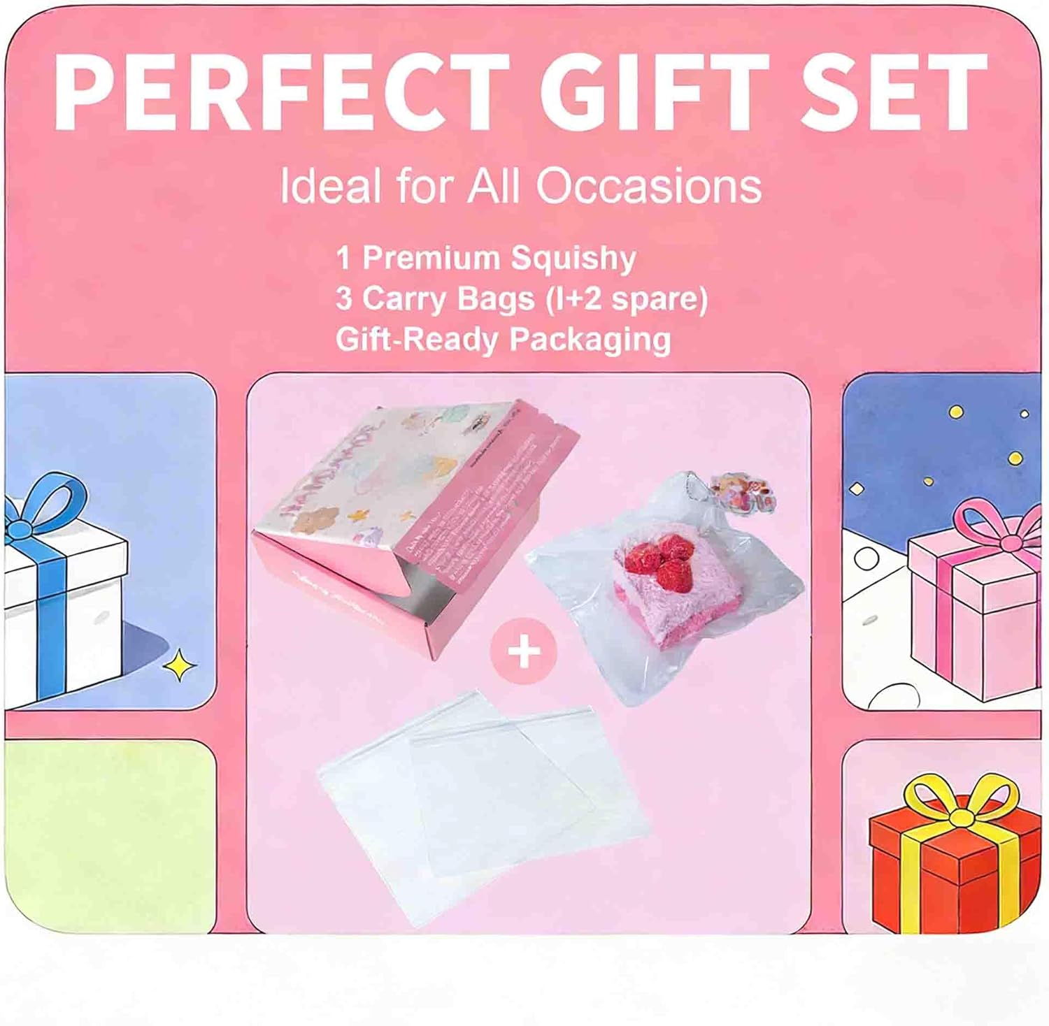 Strawberry Cake Taba Squishy Toy, Kawaii Pink Fidget Slow Rising Squeeze Stress Relief Premium Silicone Handmade with Decorative Strawberries Gift for Adults(Wenqing Strong)
